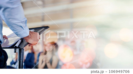 Person, speaker and podium in meeting, seminar or conference for training staff against a bokeh background. Professional business leader talking to people or audience in presentation on mockup space 106949706