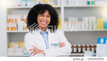 Medical Professional working at chemist ready to give great healthcare customer service to sick patients. Happy female nurse happy to help people get medicine treatment at her pharmacy retail store 106949893