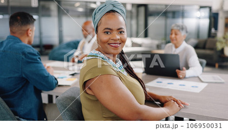 Leadership, brainstorming and portrait of black woman in office with corporate business people. Strategy, planning and collaboration, smile of businessman in conference room for professional workshop Leadership, brainstorming and portrait of black woman in office with corporate business people. Strategy, planning and collaboration, smile of businessman in conference room for professional workshop 106950031