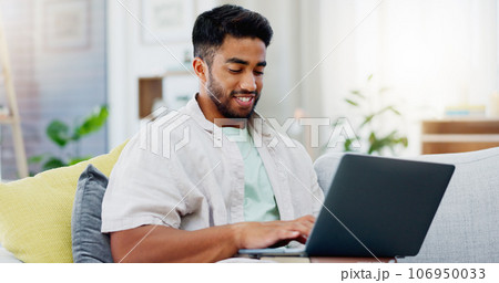 Laptop, laughing and man on couch watching funny video, live streaming or reading post on social media. Happy person relaxing on sofa with computer, internet and wifi in his apartment or living room Laptop, laughing and man on couch watching funny video, live streaming or reading post on social media. Happy person relaxing on sofa with computer, internet and wifi in his apartment or living room 106950033