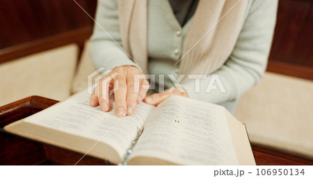 Studying, bible or hands of woman in church ready to worship God, holy spirit or religion in Christian cathedral. Faith closeup, learning or lady reading book in chapel praying to praise Jesus Christ Studying, bible or hands of woman in church ready to worship God, holy spirit or religion in Christian cathedral. Faith closeup, learning or lady reading book in chapel praying to praise Jesus Christ 106950134
