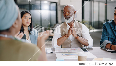 Senior black man, boss or meeting with business people in collaboration for project planning in office. Team discussion, employees or African CEO with paperwork listening to ideas or feedback review 106950192