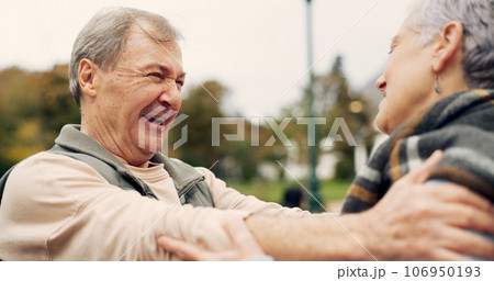 Love, dance and happy with old couple in park for marriage, support and romance. Relax, happiness and music with senior man and woman dancing in nature for recruitment, holding hands or date together 106950193