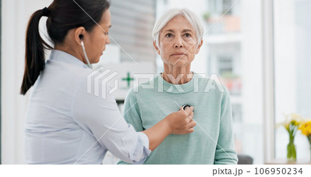 Old woman, doctor or stethoscope to check heartbeat or breathing and health of elderly patient in hospital. Consultation, listening or nurse with a senior patient for healthcare or wellness in clinic 106950234