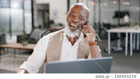 Black man, phone call or happy senior businessman in office for networking, good news or deal negotiation. Smile, laptop or mature CEO on mobile communication or discussion for online sales project Black man, phone call or happy senior businessman in office for networking, good news or deal negotiation. Smile, laptop or mature CEO on mobile communication or discussion for online sales project 106950258