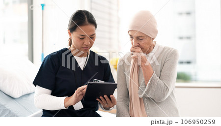 Tablet, nurse and woman with cancer patient, elderly and hospital consultation for wellness. Tech, happy and medical professional with sick senior person coughing for advice, healthcare or support Tablet, nurse and woman with cancer patient, elderly and hospital consultation for wellness. Tech, happy and medical professional with sick senior person coughing for advice, healthcare or support 106950259