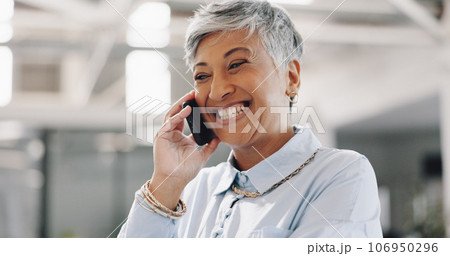 Smile, phone call or happy senior businesswoman in office for networking, good news or deal negotiation. Laughing, face or proud mature CEO on mobile communication for target, discussion or mission Smile, phone call or happy senior businesswoman in office for networking, good news or deal negotiation. Laughing, face or proud mature CEO on mobile communication for target, discussion or mission 106950296
