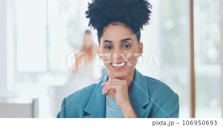 Portrait of woman in creative agency with smile, confidence and pride in admin at design agency. Face of female designer at modern office desk, manager at startup with happiness and coworking space. Portrait of woman in creative agency with smile, confidence and pride in admin at design agency. Face of female designer at modern office desk, manager at startup with happiness and coworking space. 106950693