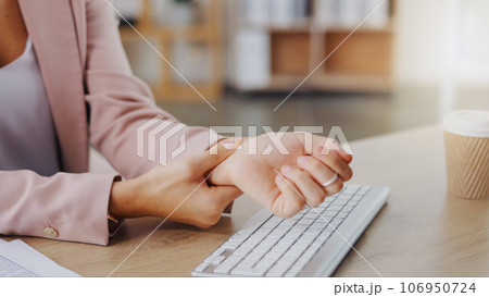 Hands, massage and woman with injury problem, carpal tunnel syndrome or wrist accident from keyboard typing, Medical emergency, anatomy crisis and hurt female employee with pain, arthritis or risk 106950724