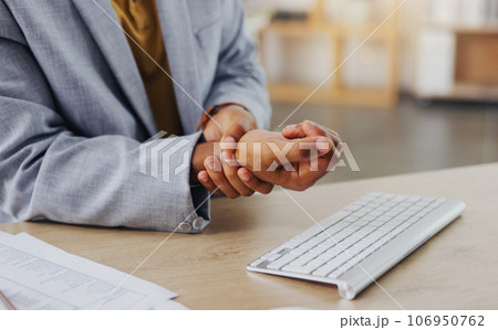 Hands of business man with problem, carpal tunnel syndrome or sore wrist from keyboard typing, office work or corporate project. Arthritis risk, medical crisis and hurt male worker with injury pain Hands of business man with problem, carpal tunnel syndrome or sore wrist from keyboard typing, office work or corporate project. Arthritis risk, medical crisis and hurt male worker with injury pain 106950762