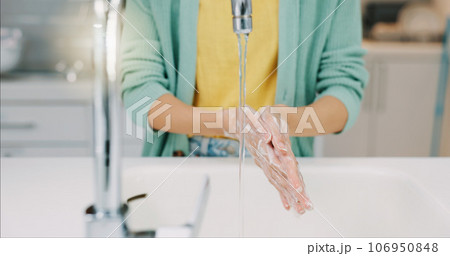 Washing hands, woman and water from kitchen sink with soap for cleaning and wellness. Home, safety and virus protection of a person with sanitary healthcare in a house for skincare and grooming 106950848