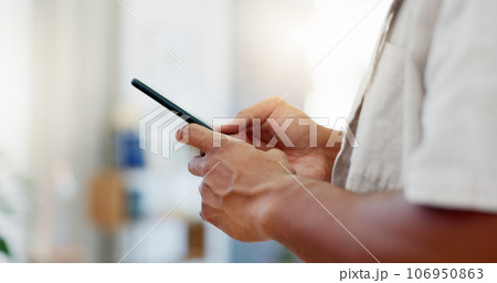 Closeup, man and hands with smartphone, typing and connection for social media, texting and email. Zoom, hand and cellphone for texting, signal and online reading for information and communication 106950863