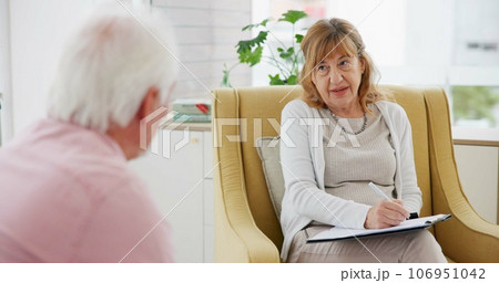 Writing, psychology and therapy with therapist and patient for counseling, support and meeting. Mental health, rehabilitation and advice with senior people in office for psychologist and checklist Writing, psychology and therapy with therapist and patient for counseling, support and meeting. Mental health, rehabilitation and advice with senior people in office for psychologist and checklist 106951042