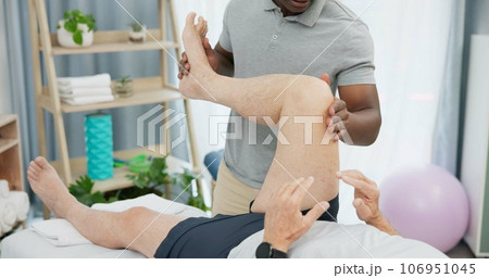 Physiotherapy hands, stretching legs or person with patient for rehabilitation support, recovery or knee motion exercise. Physical therapy, healing and physiotherapist help client with joint mobility Physiotherapy hands, stretching legs or person with patient for rehabilitation support, recovery or knee motion exercise. Physical therapy, healing and physiotherapist help client with joint mobility 106951045