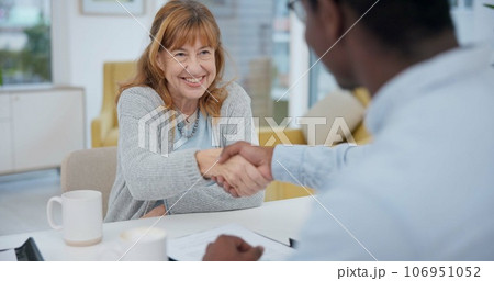 Life insurance, handshake and consulting with lawyer and client for planning, signature or deal. Financial advisor, legal documents and agreement with old woman and man in law firm for contract will 106951052