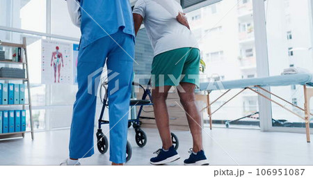 Senior care, support and physiotherapist with old man, walker and healthcare from back. Rehabilitation coach, physio or caregiver with elderly patient walking in mobility training clinic in Africa. Senior care, support and physiotherapist with old man, walker and healthcare from back. Rehabilitation coach, physio or caregiver with elderly patient walking in mobility training clinic in Africa. 106951087