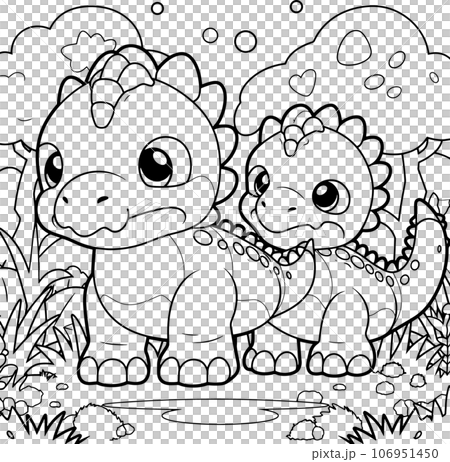 Baby Dinosaurs, black and white coloring page for kids and adults , line art, simple cartoon style, happy cute and funny 106951450