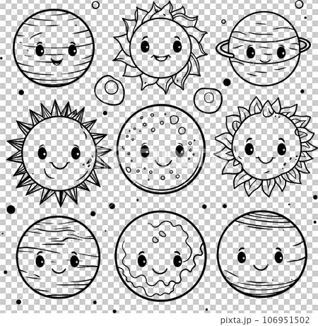 cute planet group , black and white coloring page for kids and adults , line art, simple cartoon style, happy cute and funny 106951502