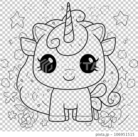 Unicorn, black and white coloring page for kids and adults , line art, simple cartoon style, happy cute and funny 106951515