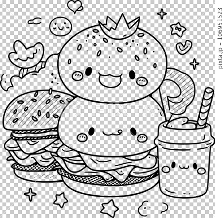 Cute fast food, black and white coloring page for kids and adults , line art, simple cartoon style, happy cute and funny Cute fast food, black and white coloring page for kids and adults , line art, simple cartoon style, happy cute and funny 106951523