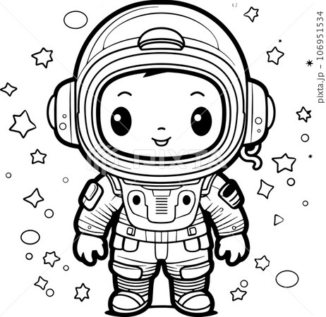 Cute Astronaut, black and white coloring page for kids and adults , line art, simple cartoon style, happy cute and funny 106951534