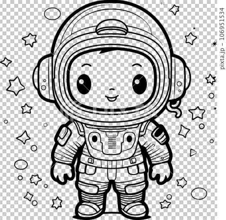 Cute Astronaut, black and white coloring page for kids and adults , line art, simple cartoon style, happy cute and funny 106951534