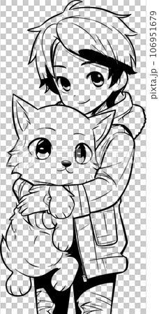anime character with Pets ,Black and white coloring pages for kids, simple lines ,kawaii anime cute illustration drawing clip art character, PNG 106951679