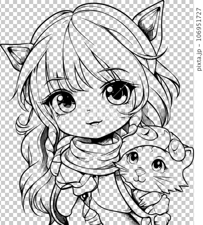 【お1人様1点限り】 anime character whiteのイラスト素材 and ,Black Pets with 絵画