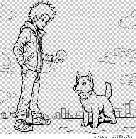 anime character with Pets ,Black and white coloring pages for kids, simple lines ,kawaii anime cute illustration drawing clip art character, PNG 106951763