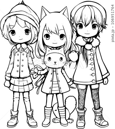 anime character with Pets ,Black and whiteのイラスト素材
