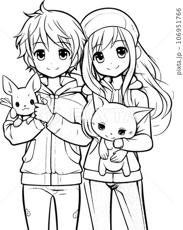 E5白黒画「はじめての子供」 anime character with Pets ,Black and whiteのイラスト素材