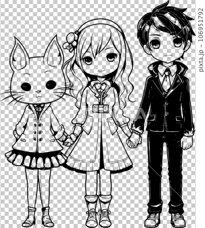 anime character with ,Black and white coloring pages for kids, simple lines ,kawaii anime cute illustration drawing clip art character, Transparent ,PNG 106951792