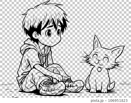 anime character with Pets ,Black and white coloring pages for kids, simple lines ,kawaii anime cute illustration drawing clip art character, PNG 106951823