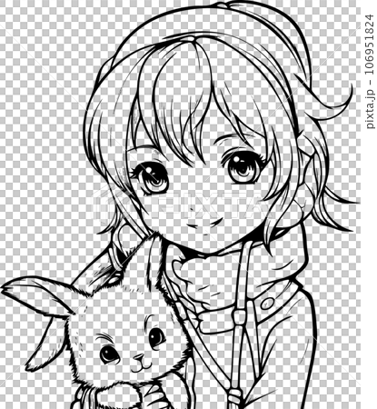 anime character with Pets ,Black and white coloring pages for kids, simple lines ,kawaii anime cute illustration drawing clip art character, PNG 106951824