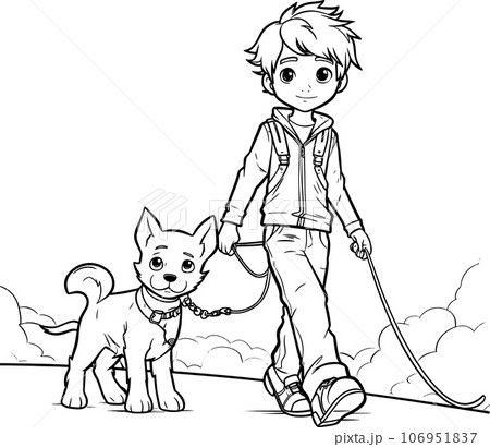anime character with Pets ,Black and white coloring pages for kids, simple lines ,kawaii anime cute illustration drawing clip art character, PNG 106951837