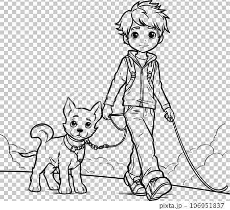 anime character with Pets ,Black and white coloring pages for kids, simple lines ,kawaii anime cute illustration drawing clip art character, PNG 106951837
