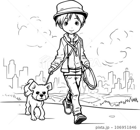 anime character with Pets ,Black and white coloring pages for kids, simple lines ,kawaii anime cute illustration drawing clip art character, PNG 106951846