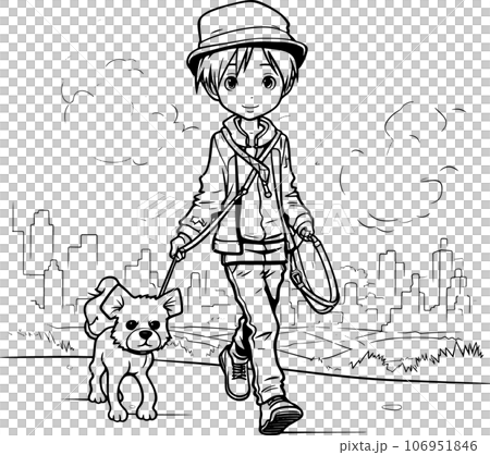 anime character with Pets ,Black and white coloring pages for kids, simple lines ,kawaii anime cute illustration drawing clip art character, PNG 106951846