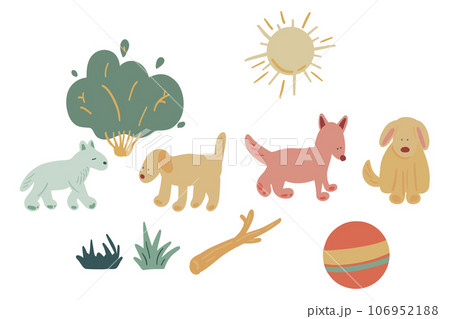 Walking dogs with balls and branch hand drawn set 106952188
