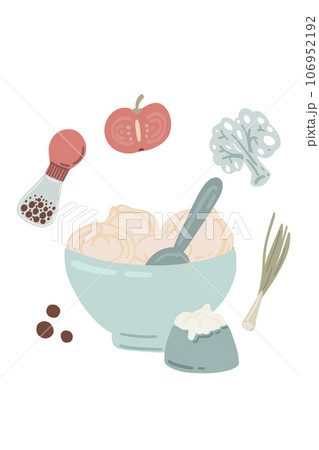 Dumplings pelmeni set in a plate with a cream and black pepper 106952192