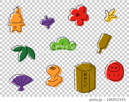 お正月の手描き線画アイコンセット(ずれたカラフルな塗り) お正月の手描き線画アイコンセット(ずれたカラフルな塗り) 106952545