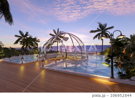 Teak wood tiles with pool and deck chairs. Park with trees and green grass with sea view. 3D rendering Teak wood tiles with pool and deck chairs. Park with trees and green grass with sea view. 3D rendering 106952844