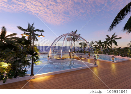 Teak wood tiles with pool and deck chairs. Park with trees and green grass with sea view. 3D rendering 106952845