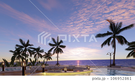 Teak wood tiles with pool and deck chairs. Park with trees and green grass with sea view. 3D rendering 106952861