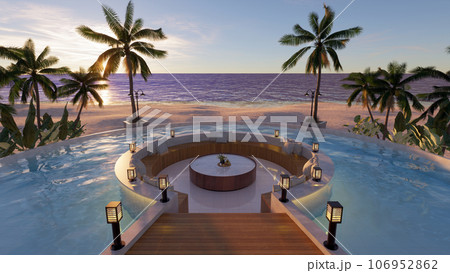 Teak wood tiles with pool and deck chairs. Park with trees and green grass with sea view. 3D rendering 106952862