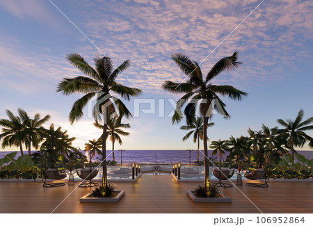 Teak wood tiles with pool and deck chairs. Park with trees and green grass with sea view. 3D rendering Teak wood tiles with pool and deck chairs. Park with trees and green grass with sea view. 3D rendering 106952864