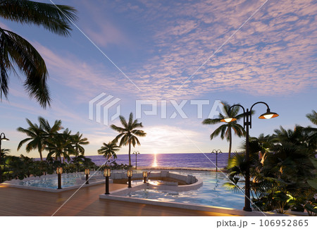Teak wood tiles with pool and deck chairs. Park with trees and green grass with sea view. 3D rendering 106952865