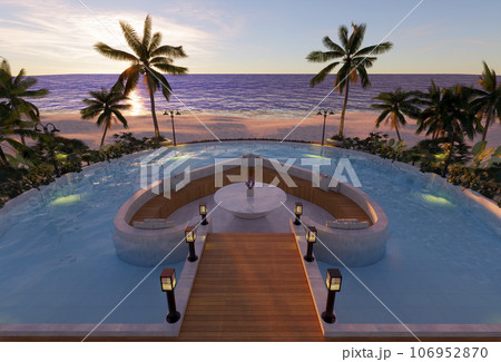 Teak wood tiles with pool and deck chairs. Park with trees and green grass with sea view. 3D rendering Teak wood tiles with pool and deck chairs. Park with trees and green grass with sea view. 3D rendering 106952870