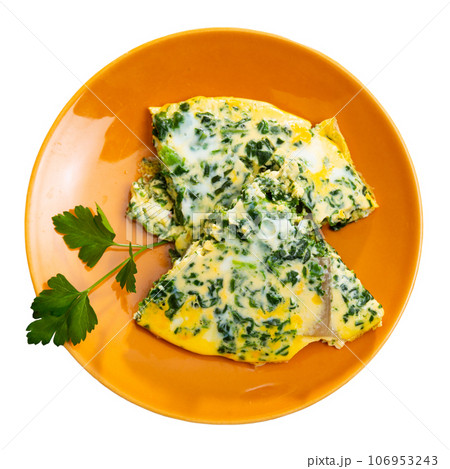 Appetizing breakfast omelette with spinach 106953243