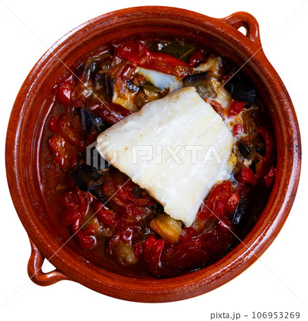 Hearty lunch, cooked xanfaina cod with seasonal vegetables in baking dish. Hearty lunch, cooked xanfaina cod with seasonal vegetables in baking dish. 106953269